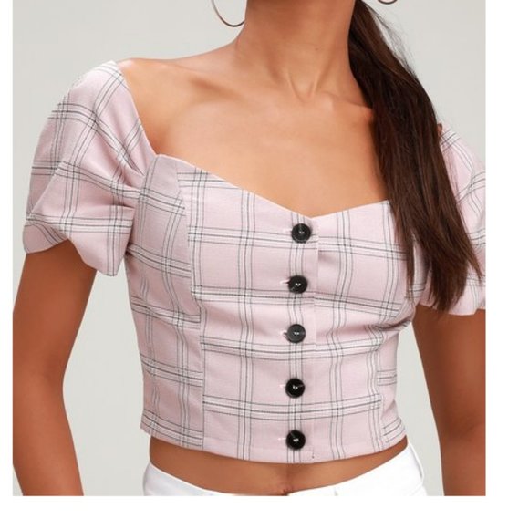 Lulus Tops - *Pink Plaid Off-the-Shoulder Crop Top